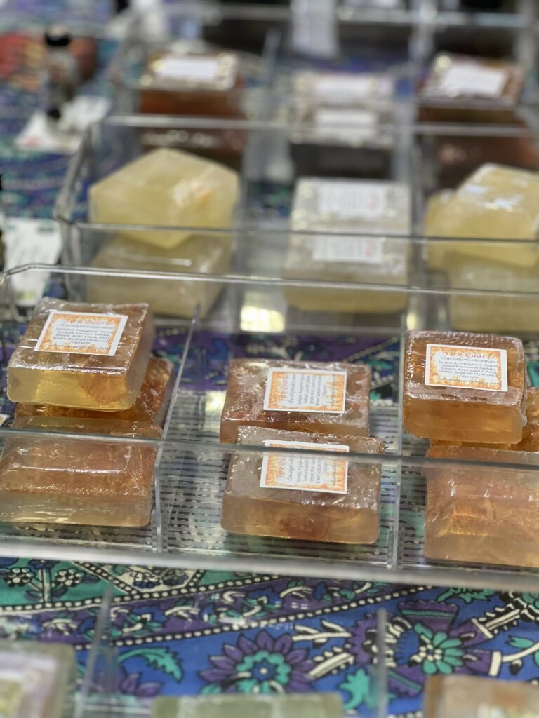 Variety of natural soaps on display table