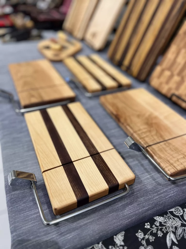 Assorted wooden cutting boards on display