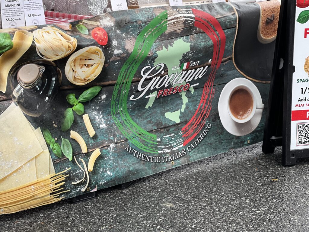 Italian catering banner with pasta and coffee.