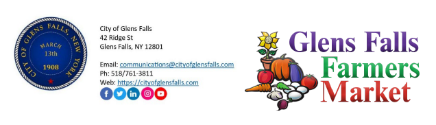 Glens Falls City Seal and Farmers Market logo with contact info.