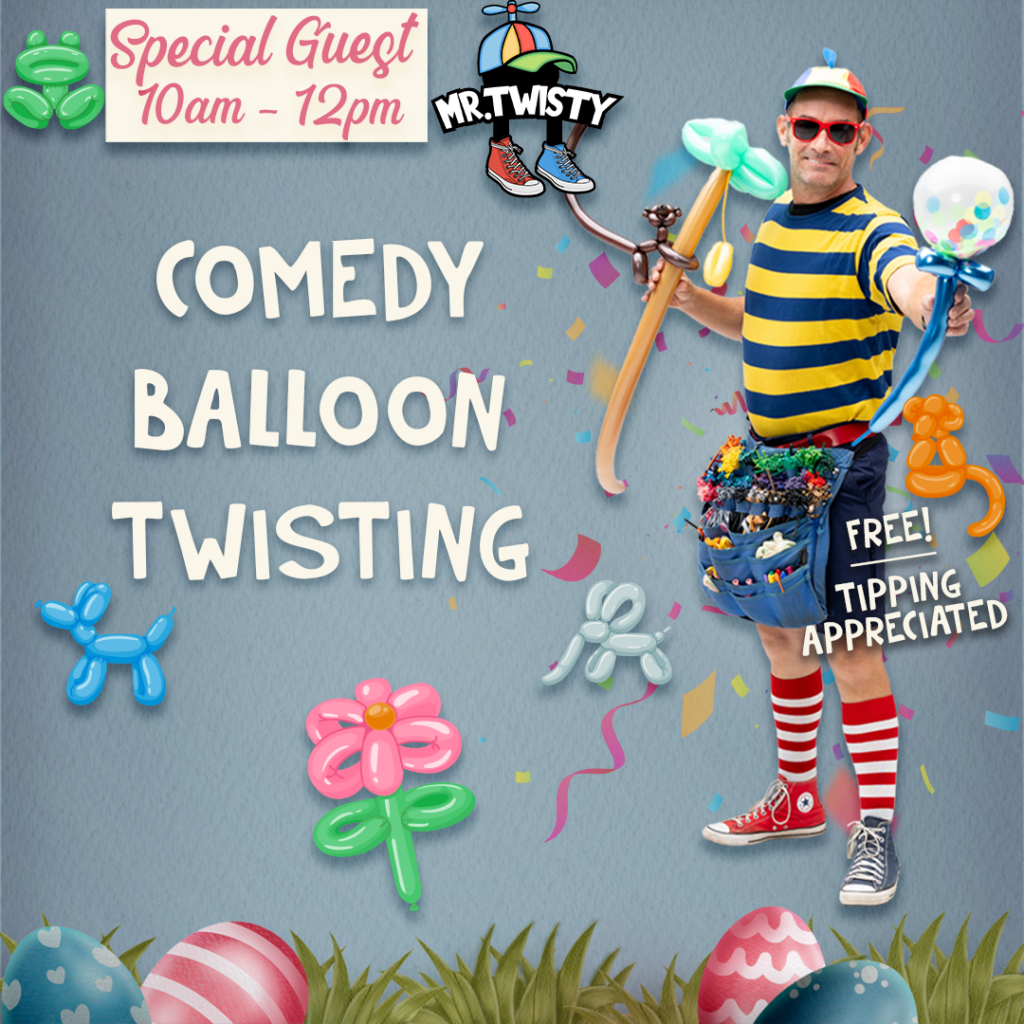 Comedy balloon twisting event with Mr. Twisty, colorful balloons.