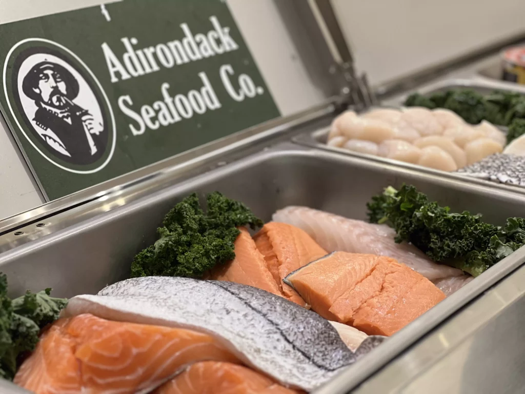 Fresh seafood display at Adirondack Seafood Co.