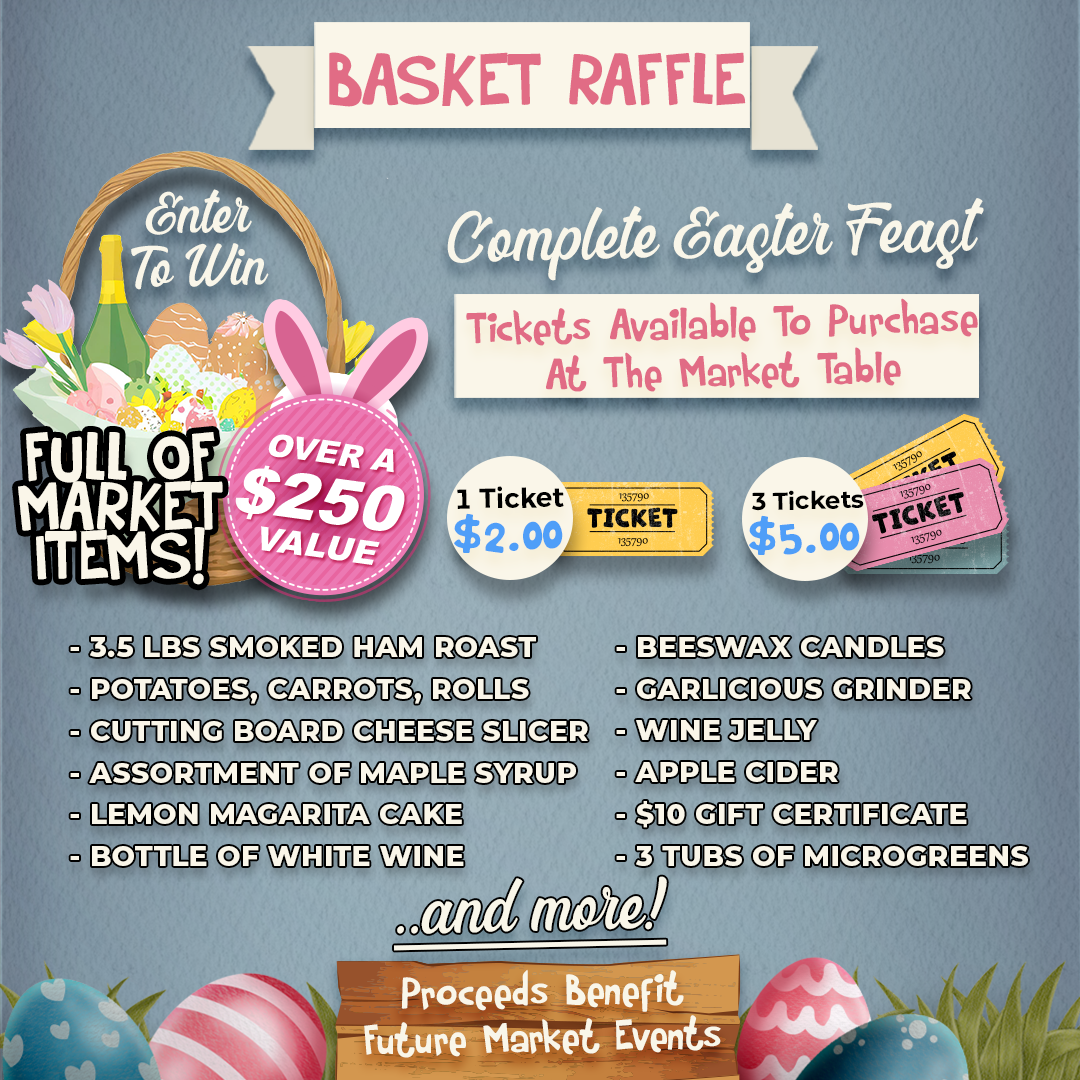 Easter basket raffle flyer with prizes and ticket information.